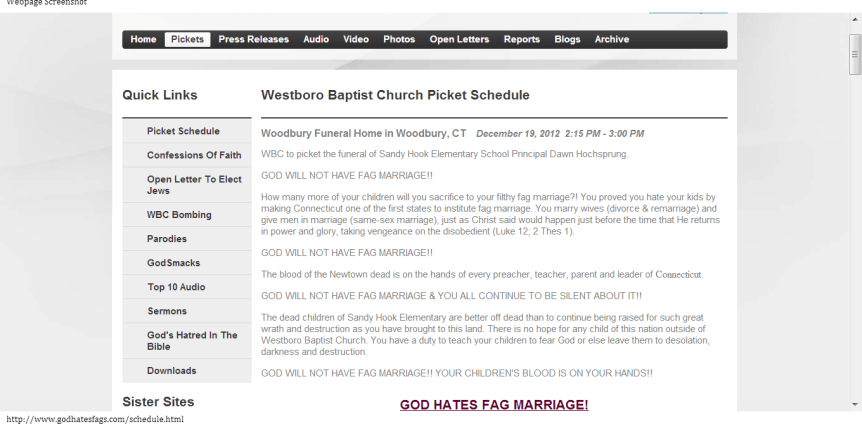 Westboro Baptist Church Picket Schedule-151858